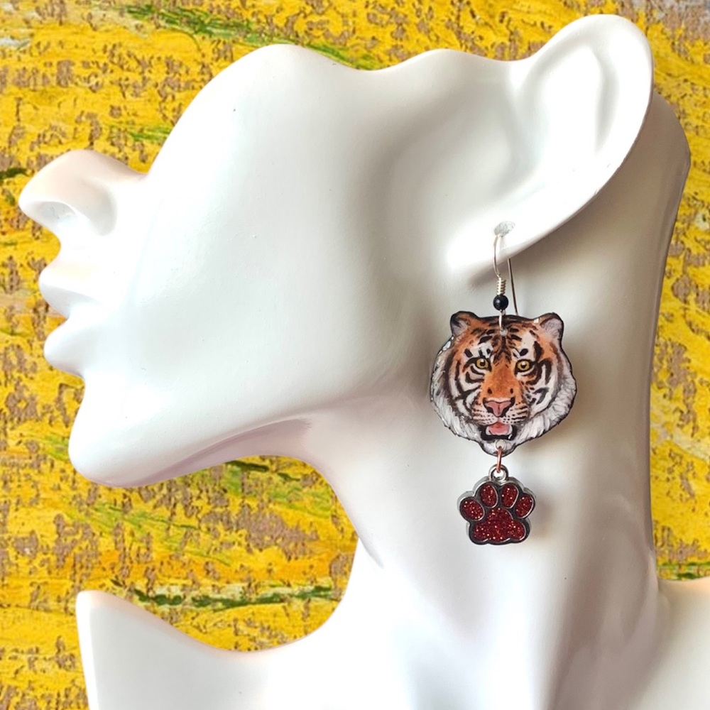 Handpainted Tiger earrings sterling wires big cats stripes Safari OOAK